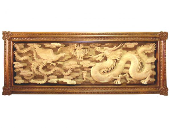Relief-Budaya China - Naga & Burung Hong/Phoenix-terbuat dari bahan kayu Jati kuno dan berkwalitas tinggi
