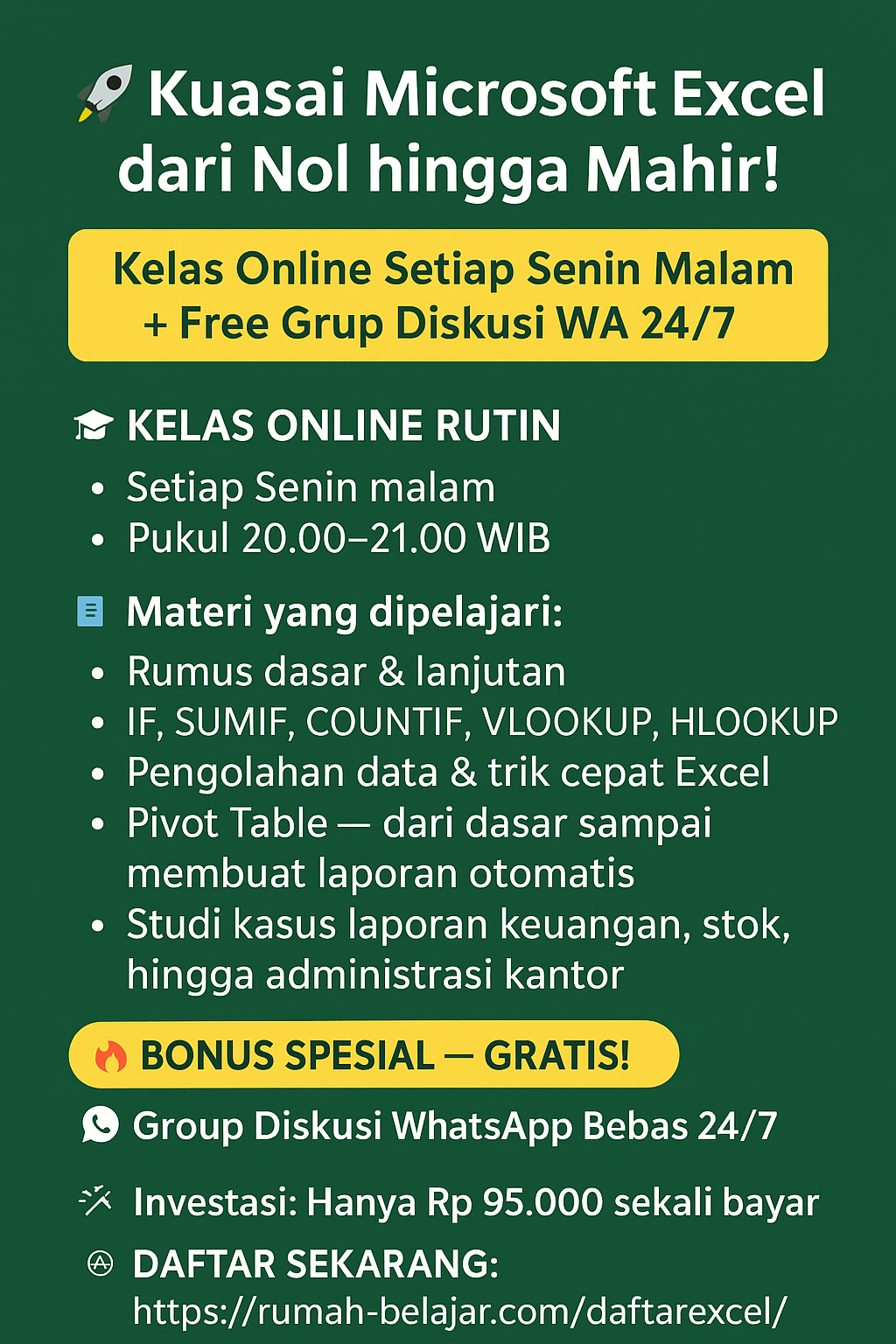 KESEMPATAN EMAS BELAJAR EXCEL DI BIMBING SAMPAI BISA ONLY 95 RB