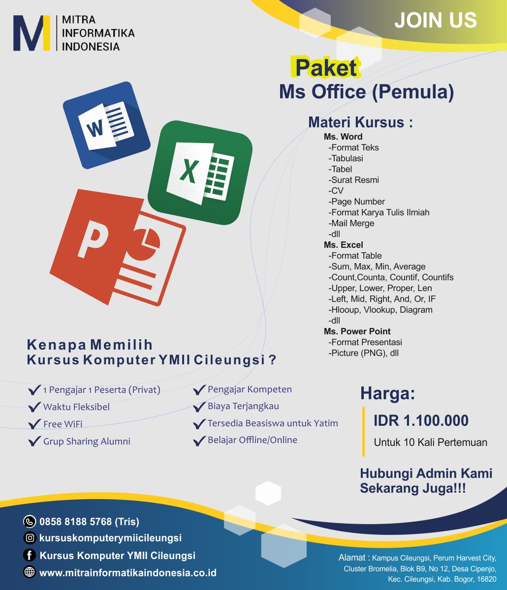 Tempat Belajar Komputer MS Office untuk Pemula di Rumah Belajar Komputer YMII Cileungsi