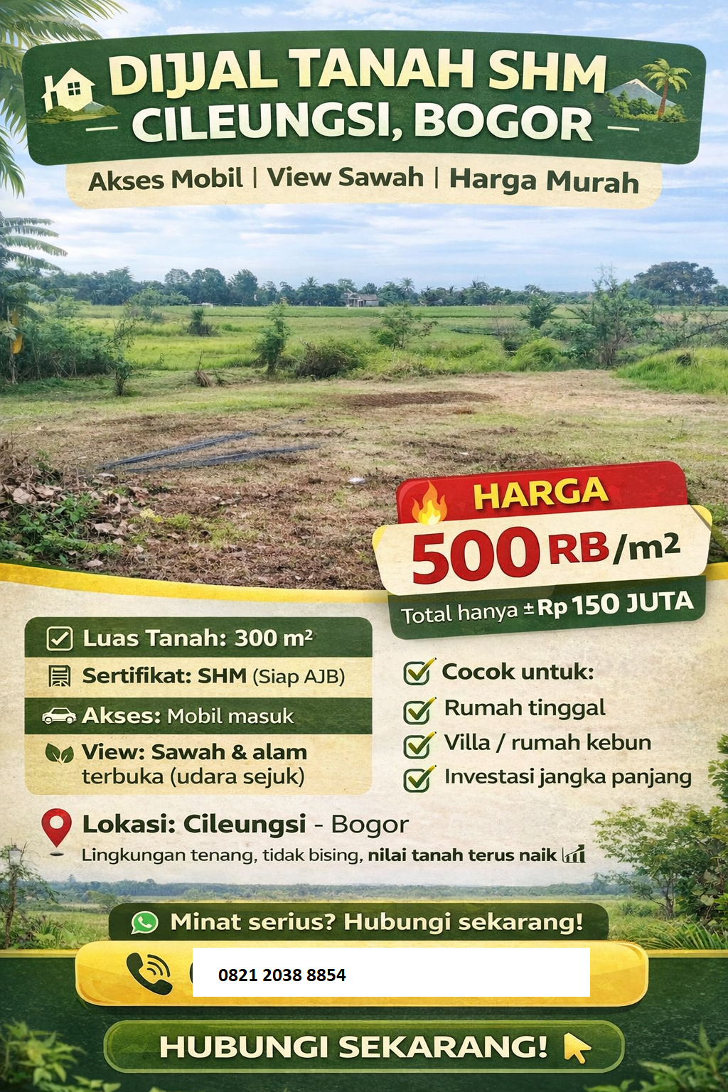Dijual Tanah SHM di Cileungsi Bogor – View Sawah & Gunung, Harga Terjangkau