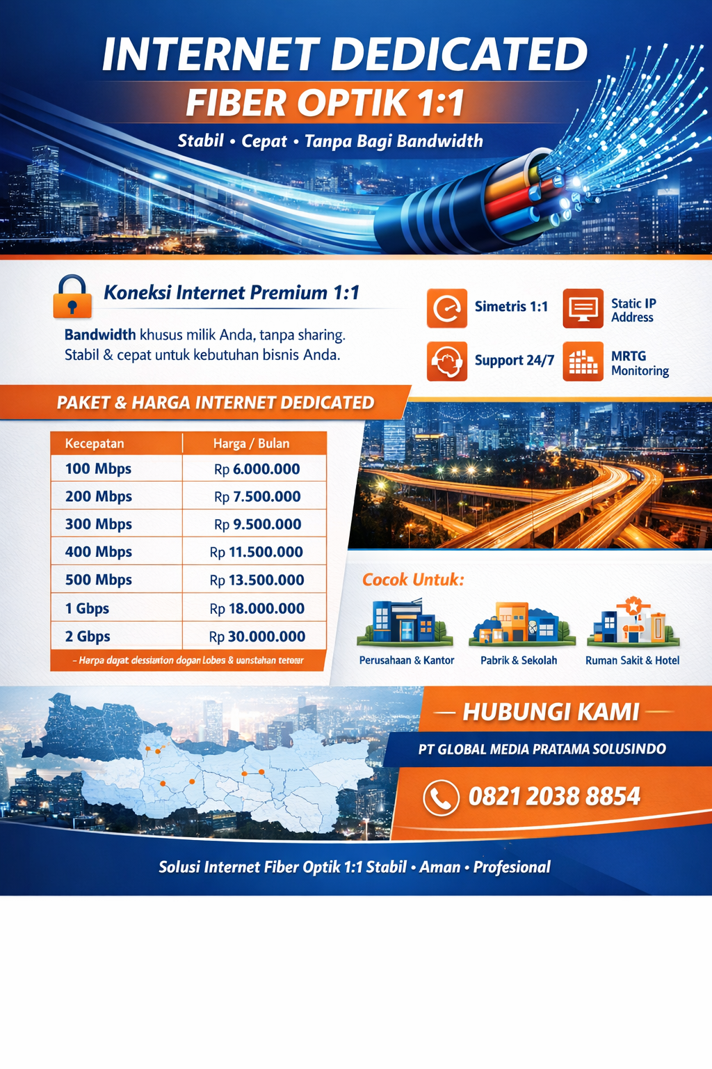 Koneksi Internet Dedicated Menggunakan Fiber Optik untuk Area Subang, Cianjur, Bogor, Sukabumi, Tangerang, dan Sekitarnya