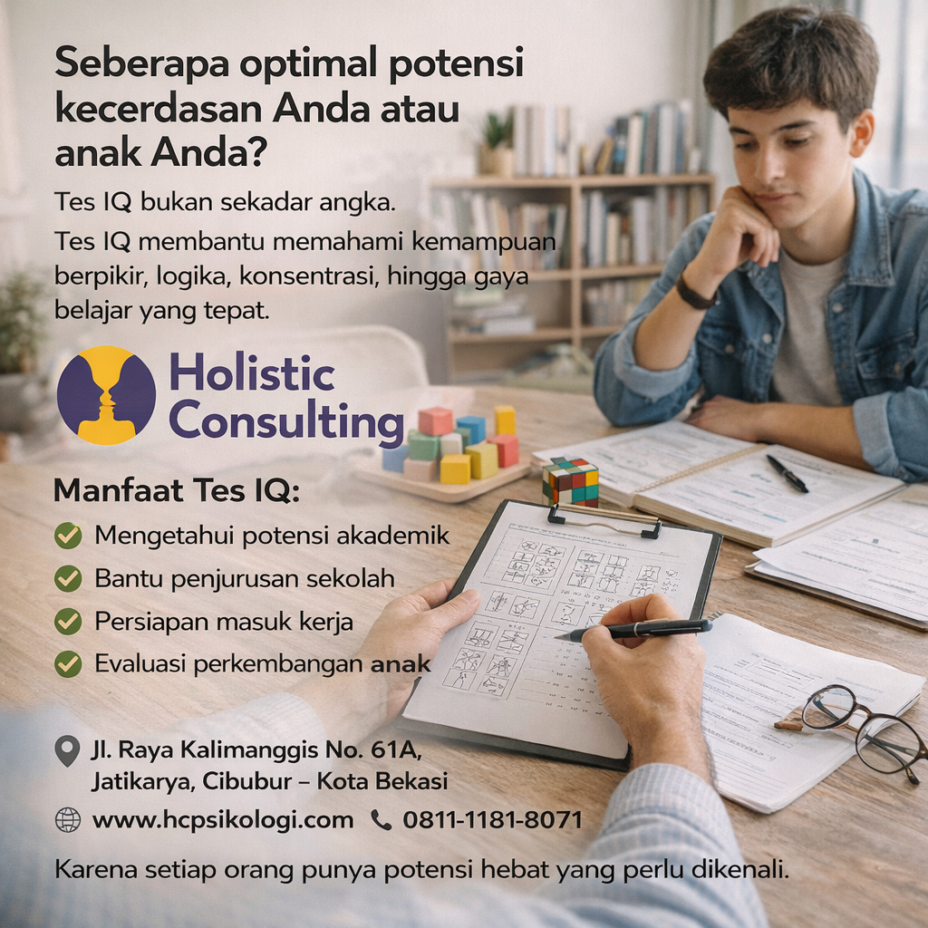 Tes IQ di Holistic Consulting Psikologi Cibubur: Memahami Potensi Kecerdasan Secara Profesional dan Akurat Tes IQ menjadi salah satu langkah penting untuk memahami potensi kecerdasan seseorang secara lebih objektif. Baik untuk anak-anak, remaja, maupun orang dewasa, tes IQ dapat memberikan gambaran tentang kemampuan berpikir, logika, konsentrasi, hingga gaya belajar yang paling sesuai. Jika Anda sedang mencari tempat tes IQ profesional di wilayah Cibubur, Holistic Consulting Psikologi Cibubur hadir sebagai solusi terpercaya dengan metode pemeriksaan yang nyaman dan akurat. Artikel ini akan membahas secara lengkap tentang manfaat tes IQ, proses pelaksanaan, siapa saja yang membutuhkannya, serta mengapa melakukan tes IQ di Holistic Consulting Psikologi Cibubur bisa menjadi pilihan terbaik. Apa Itu Tes IQ? Tes IQ (Intelligence Quotient) adalah alat ukur psikologis yang digunakan untuk menilai kemampuan kognitif seseorang. Kemampuan yang diukur meliputi: Penalaran logis Pemecahan masalah Daya ingat Kemampuan verbal Konsentrasi Kemampuan numerik Kecepatan berpikir Hasil tes IQ biasanya dinyatakan dalam bentuk skor yang menggambarkan posisi kecerdasan seseorang dibandingkan rata-rata populasi. Namun, penting dipahami bahwa tes IQ bukan sekadar angka. Hasilnya bisa menjadi dasar untuk memahami cara belajar terbaik, minat bakat, hingga perencanaan pendidikan dan karier. Mengapa Tes IQ Itu Penting? Banyak orang masih menganggap tes IQ hanya untuk anak sekolah. Padahal, tes ini bermanfaat untuk berbagai usia dan tujuan. Berikut beberapa alasan penting melakukan tes IQ: 1. Mengetahui Potensi Anak Sejak Dini Bagi orang tua, tes IQ membantu memahami kemampuan berpikir anak. Dengan mengetahui potensi kecerdasan, orang tua bisa memilih metode belajar yang tepat dan mendukung perkembangan anak secara optimal. 2. Menentukan Gaya Belajar Setiap individu memiliki gaya belajar berbeda. Ada yang cepat memahami melalui visual, ada yang lebih kuat di logika matematika, dan ada yang unggul di bahasa. Tes IQ membantu mengidentifikasi hal ini. 3. Persiapan Masuk Sekolah Favorit Beberapa sekolah unggulan mensyaratkan hasil tes psikologi atau tes IQ sebagai bagian dari seleksi. Melakukan tes di lembaga profesional akan memberikan hasil yang valid dan dapat digunakan secara resmi. 4. Perencanaan Karier Untuk remaja dan dewasa, tes IQ dapat membantu mengenali kekuatan kognitif yang mendukung pilihan jurusan atau pekerjaan. 5. Evaluasi Perkembangan Tes IQ juga bisa digunakan untuk evaluasi perkembangan anak secara berkala, terutama jika ada kebutuhan khusus atau program pendidikan tertentu. Tes IQ di Holistic Consulting Psikologi Cibubur Holistic Consulting Psikologi Cibubur merupakan layanan psikologi profesional yang menyediakan tes IQ dengan pendekatan holistik dan nyaman. Pemeriksaan dilakukan oleh tenaga psikolog berpengalaman sehingga hasilnya dapat dipertanggungjawabkan secara ilmiah. Keunggulan Tes IQ di Holistic Consulting Psikologi Cibubur 1. Dilakukan oleh Psikolog Profesional Tes dilaksanakan dan dianalisis oleh psikolog berlisensi yang berpengalaman dalam bidang psikologi pendidikan dan perkembangan. 2. Alat Tes Standar dan Valid Instrumen yang digunakan merupakan alat tes psikologi yang sudah terstandarisasi dan diakui secara profesional. 3. Suasana Nyaman dan Ramah Anak Lingkungan tes dibuat senyaman mungkin agar peserta tidak merasa tegang, terutama untuk anak-anak. 4. Hasil Lengkap dan Mudah Dipahami Setelah tes selesai, peserta atau orang tua akan mendapatkan laporan tertulis serta penjelasan langsung dari psikolog. 5. Konsultasi Lanjutan Tidak hanya memberikan skor IQ, psikolog juga akan memberikan saran terkait pendidikan, gaya belajar, dan pengembangan potensi. Proses Tes IQ di Holistic Consulting Psikologi Cibubur Banyak orang yang masih bertanya-tanya bagaimana proses tes IQ berlangsung. Berikut tahapan umum yang akan dilalui: 1. Pendaftaran Peserta atau orang tua melakukan pendaftaran terlebih dahulu. Biasanya bisa melalui WhatsApp atau datang langsung ke lokasi. 2. Wawancara Awal Psikolog akan melakukan wawancara singkat untuk mengetahui kebutuhan dan tujuan tes. 3. Pelaksanaan Tes Peserta akan mengerjakan serangkaian soal yang dirancang untuk mengukur kemampuan kognitif. Durasi tes biasanya antara 1–2 jam, tergantung usia dan jenis tes. 4. Analisis Hasil Psikolog akan menganalisis hasil tes secara mendalam, tidak hanya melihat skor IQ tetapi juga pola kemampuan. 5. Penjelasan Hasil Peserta atau orang tua akan mendapatkan laporan tertulis dan penjelasan mengenai arti hasil tes. Siapa Saja yang Perlu Tes IQ? Tes IQ tidak terbatas pada satu kelompok usia saja. Berikut beberapa kategori yang disarankan melakukan tes IQ: Anak Usia TK dan SD Mengetahui kesiapan sekolah Mengidentifikasi potensi kecerdasan Menentukan metode belajar Anak SMP dan SMA Menentukan jurusan Persiapan masuk sekolah unggulan Evaluasi kemampuan belajar Mahasiswa Menentukan arah karier Mengenali potensi kognitif Orang Dewasa Perencanaan karier Evaluasi kemampuan kerja Pengembangan diri Mitos Tentang Tes IQ Masih banyak mitos yang beredar tentang tes IQ. Berikut beberapa di antaranya: Mitos 1: Tes IQ Menentukan Masa Depan Faktanya, tes IQ hanya mengukur kemampuan kognitif tertentu, bukan menentukan kesuksesan hidup. Mitos 2: IQ Tidak Bisa Berubah Kemampuan kognitif dapat berkembang melalui stimulasi, pendidikan, dan pengalaman. Mitos 3: Tes IQ Hanya untuk Anak Pintar Tes IQ justru membantu memahami berbagai tingkat kemampuan, bukan hanya untuk anak berprestasi tinggi. Tips Sebelum Mengikuti Tes IQ Agar hasil tes optimal, berikut beberapa tips yang bisa dilakukan: Pastikan peserta cukup istirahat Sarapan sebelum tes Datang tepat waktu Tidak perlu belajar khusus Datang dengan kondisi rileks Tes IQ bukan ujian sekolah, sehingga tidak perlu persiapan akademik khusus. Mengapa Memilih Holistic Consulting Psikologi Cibubur? Jika Anda berada di wilayah Cibubur dan sekitarnya, memilih tempat tes IQ yang profesional sangat penting. Holistic Consulting Psikologi Cibubur menawarkan layanan yang: Profesional Terpercaya Nyaman Akurat Disertai konsultasi psikolog Dengan pendekatan holistik, hasil tes tidak hanya berupa angka tetapi juga rekomendasi pengembangan diri. Kesimpulan Tes IQ merupakan langkah penting untuk memahami potensi kecerdasan seseorang. Baik untuk anak, remaja, maupun dewasa, tes ini dapat membantu menentukan strategi belajar, pilihan pendidikan, hingga perencanaan karier. Melakukan tes IQ di Holistic Consulting Psikologi Cibubur memberikan banyak keuntungan, mulai dari alat tes standar, psikolog profesional, hingga penjelasan hasil yang mudah dipahami. Dengan mengetahui potensi sejak dini, Anda bisa mengambil langkah yang tepat untuk masa depan yang lebih optimal. Jika Anda sedang mencari layanan tes IQ profesional di Cibubur, Holistic Consulting Psikologi Cibubur bisa menjadi pilihan terbaik untuk membantu memahami potensi kecerdasan secara menyeluruh