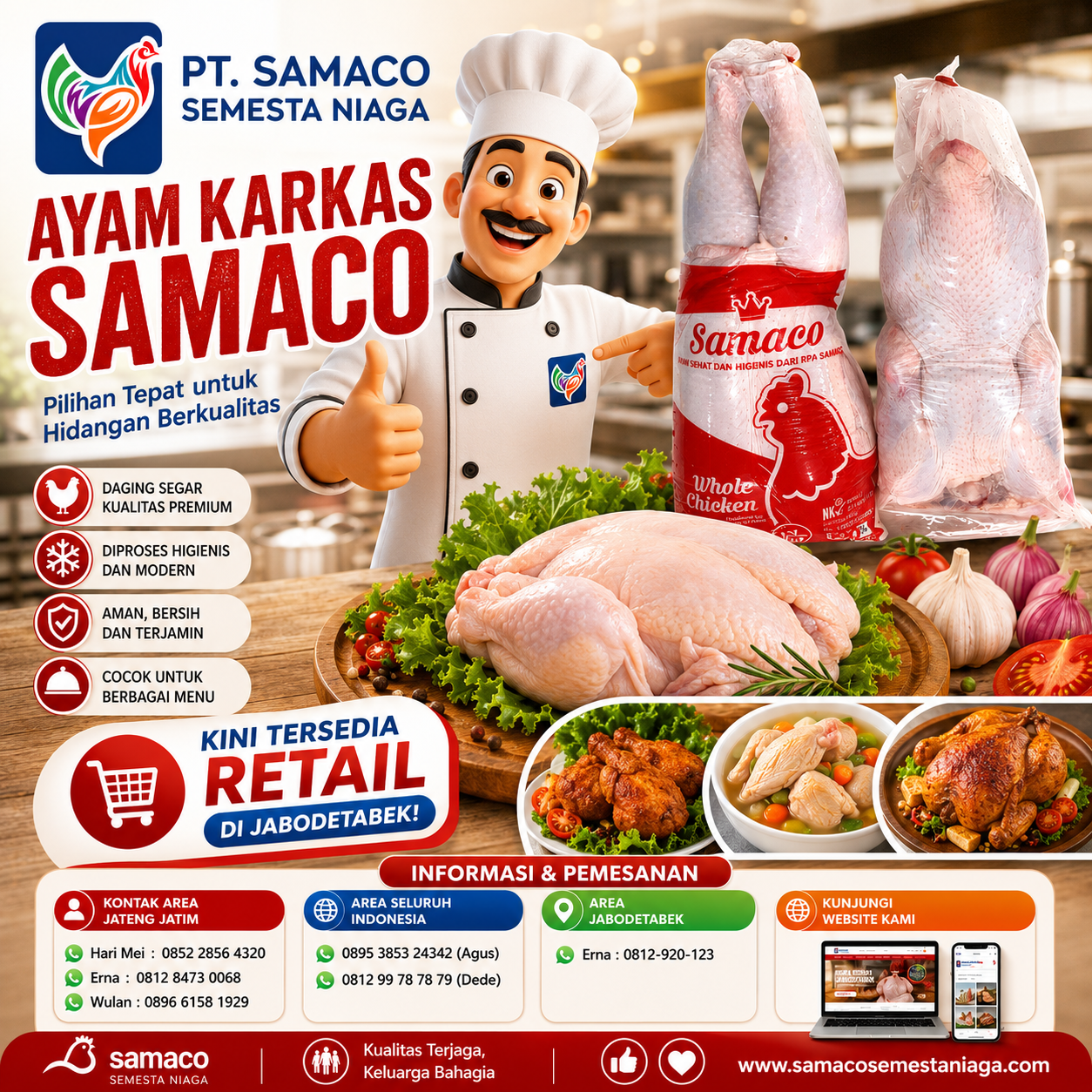 Ayam Karkas Samaco kini tersedia retail di Jabodetabek. Ayam segar berkualitas premium, higienis, cocok untuk rumah tangga, restoran, katering, dan UMKM. Hubungi marketing Samaco sekarang.
