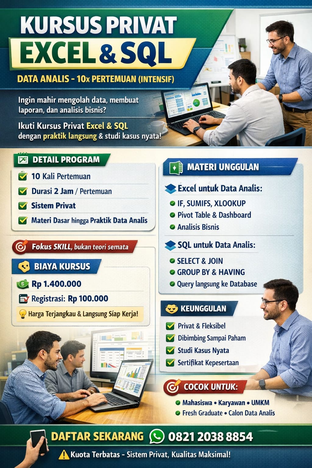 Ikuti Paket Kursus Komputer Privat Excel dan SQL untuk Data Analis di Rumah Belajar Komputer YMII. Materi lengkap, privat 1 pengajar 1 peserta, cocok untuk pemula hingga mahir.