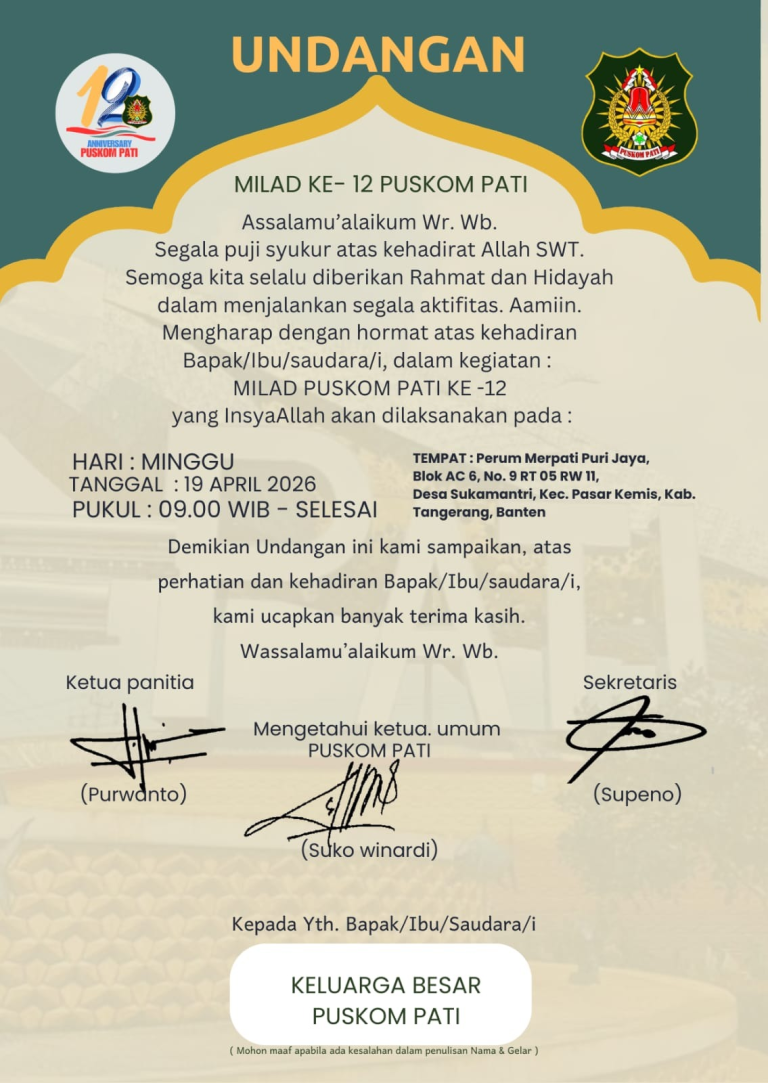 Undangan Milad PUSKOM Pati ke-12 Resmi Digelar pada 19 April 2026 di Tangerang