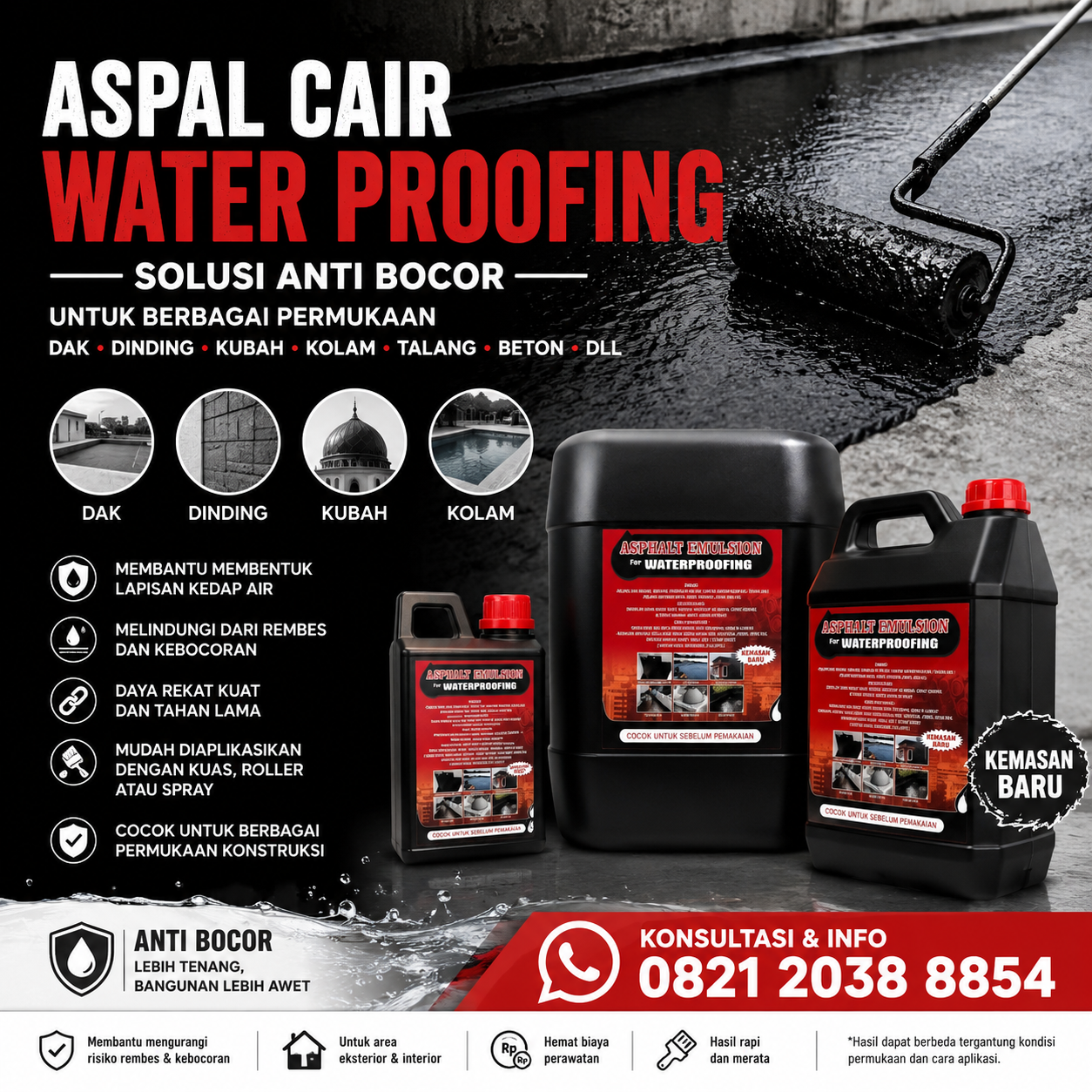 Aspal Cair Waterproofing: Solusi Anti Bocor untuk Dak, Dinding, Kubah, Kolam, dan Berbagai Permukaan Bangunan