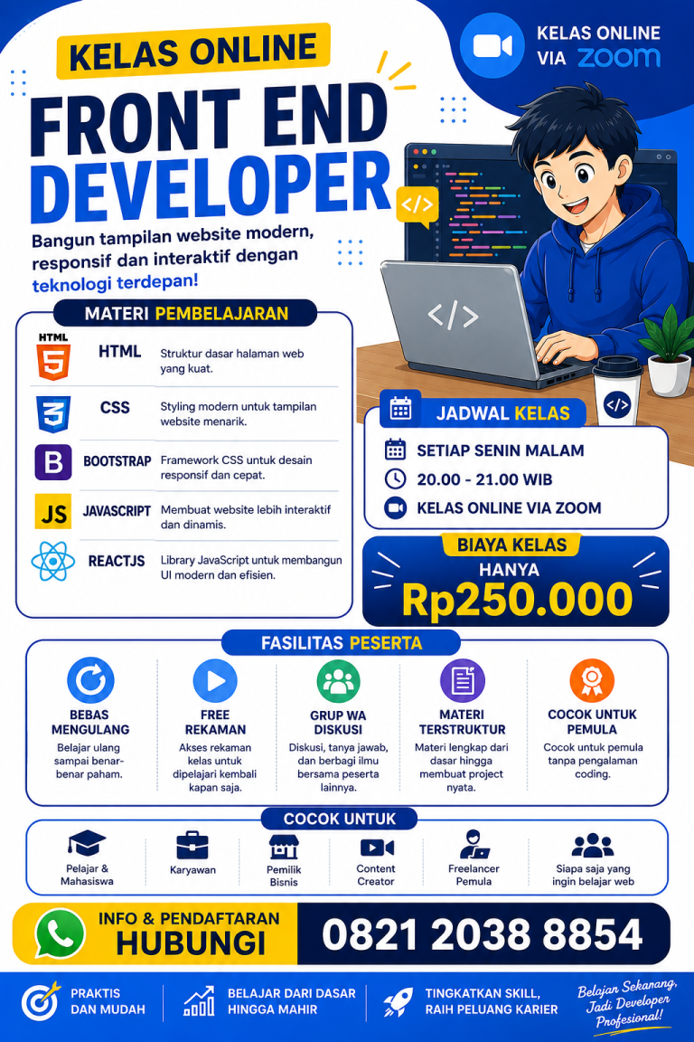 Kelas Online Front End Developer untuk Pemula – Belajar HTML, CSS, Bootstrap, JavaScript & ReactJS