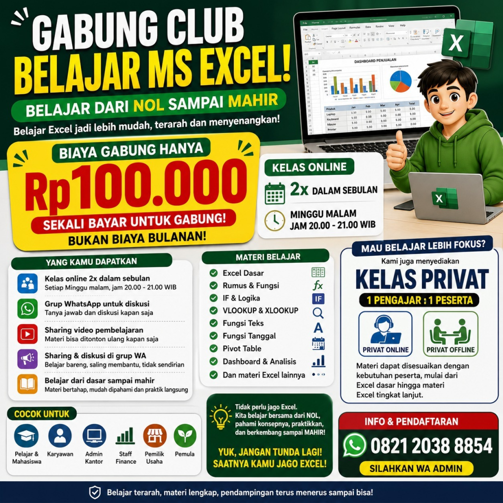 Club Belajar MS Excel: Belajar Excel dari Nol Sampai Mahir, Hanya Rp100.000