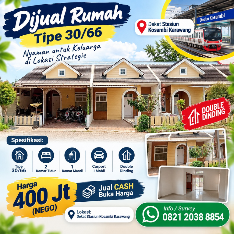 Jual Rumah Tipe 30/66 Dekat Stasiun Kosambi Karawang, Harga Rp400 Juta Nego