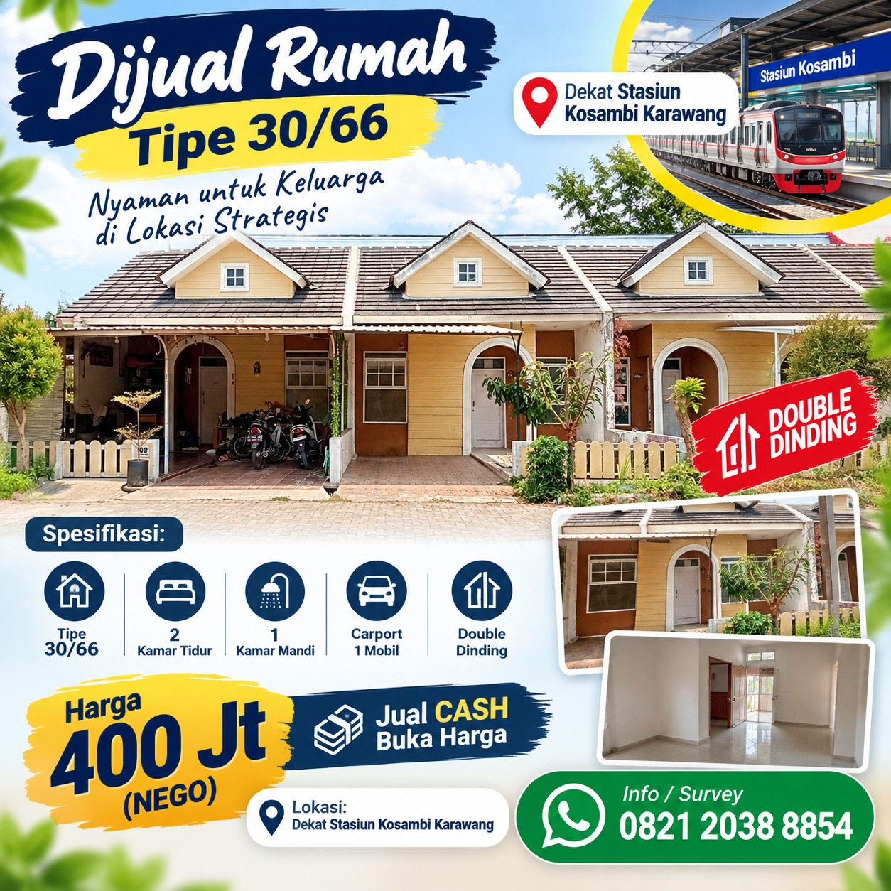 Jual Rumah Tipe 30/66 Dekat Stasiun Kosambi Karawang, Harga Rp400 Juta Nego