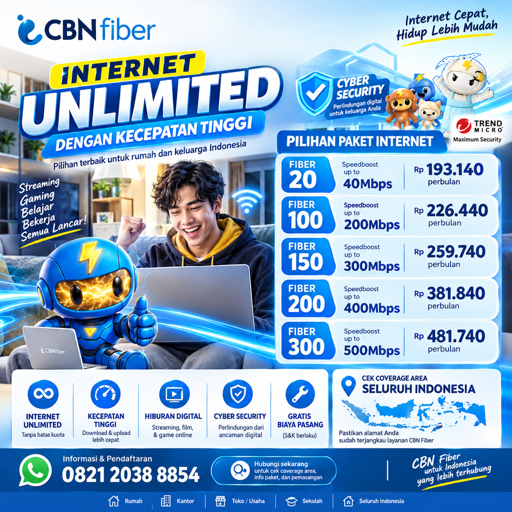 internet unlimited, harga paket CBN Fiber, internet fiber optik, internet rumah cepat, paket internet rumah, cek coverage area CBN Fiber, pemasangan internet CBN Fiber.