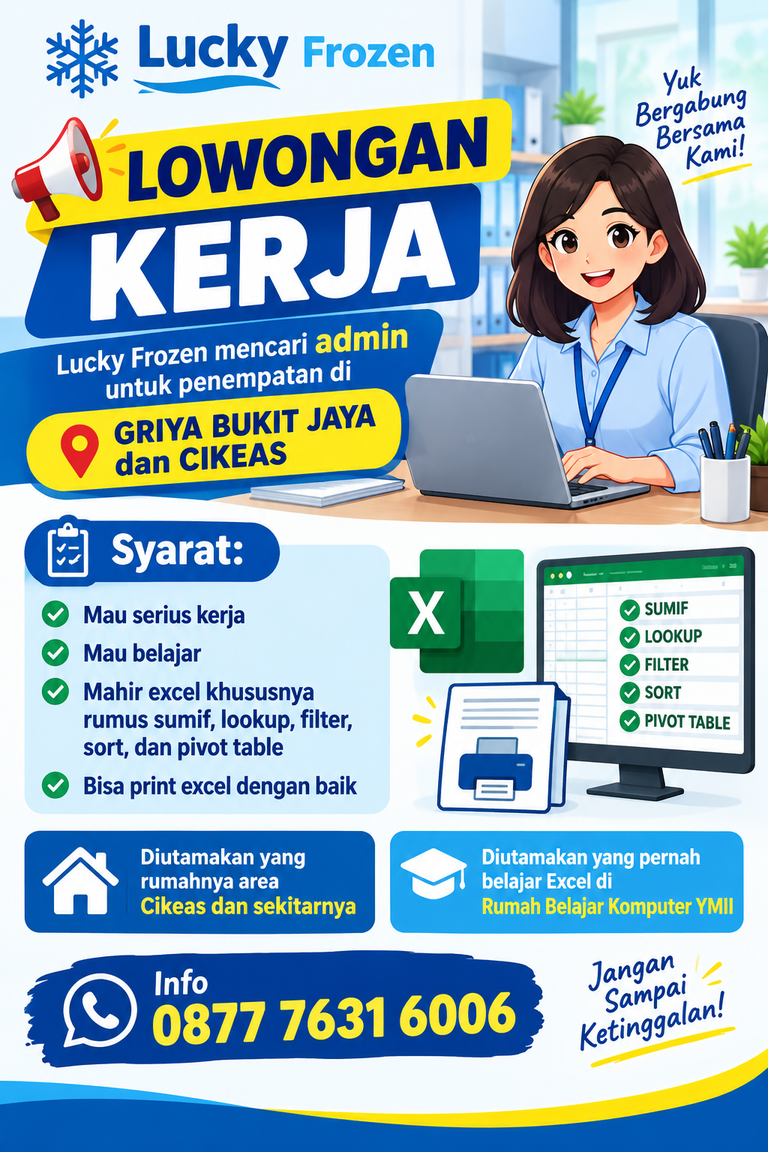 Lowongan Kerja Admin Lucky Frozen Penempatan Griya Bukit Jaya dan Cikeas