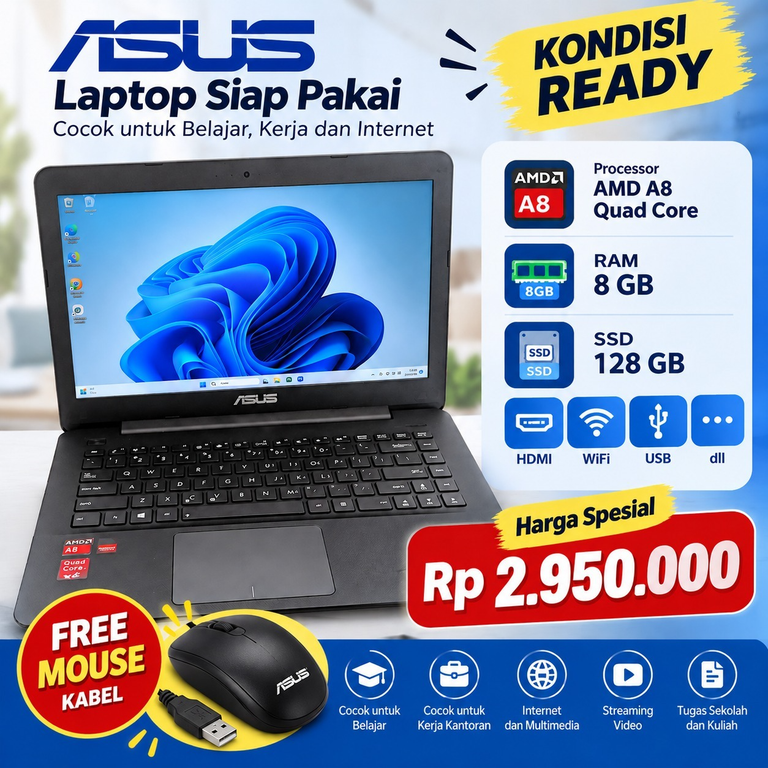 Jual Laptop ASUS AMD A8 RAM 8GB SSD 128GB Harga Rp2.950.000, Gratis Mouse Kabel