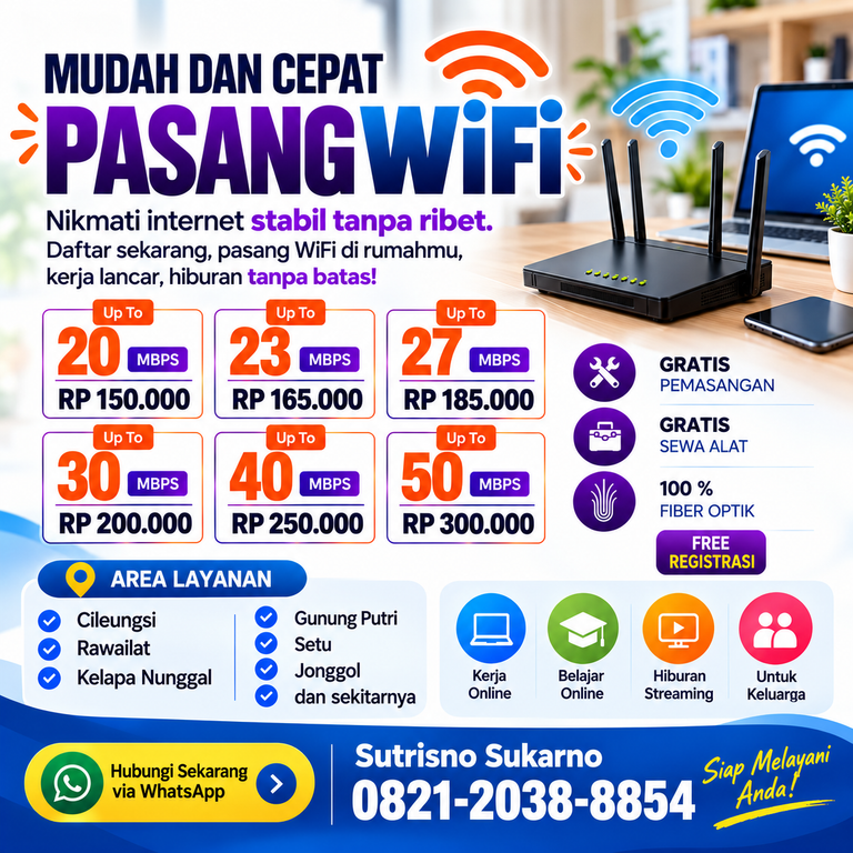 Pasang WiFi Cileungsi dan Sekitarnya Mulai Rp150.000 per Bulan